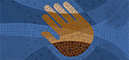 A multi-coloured mosaic of a hand with different pigments