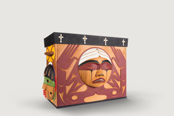 The wood box containing all of the stories compiled for the Truth & Reconciliation Commission.