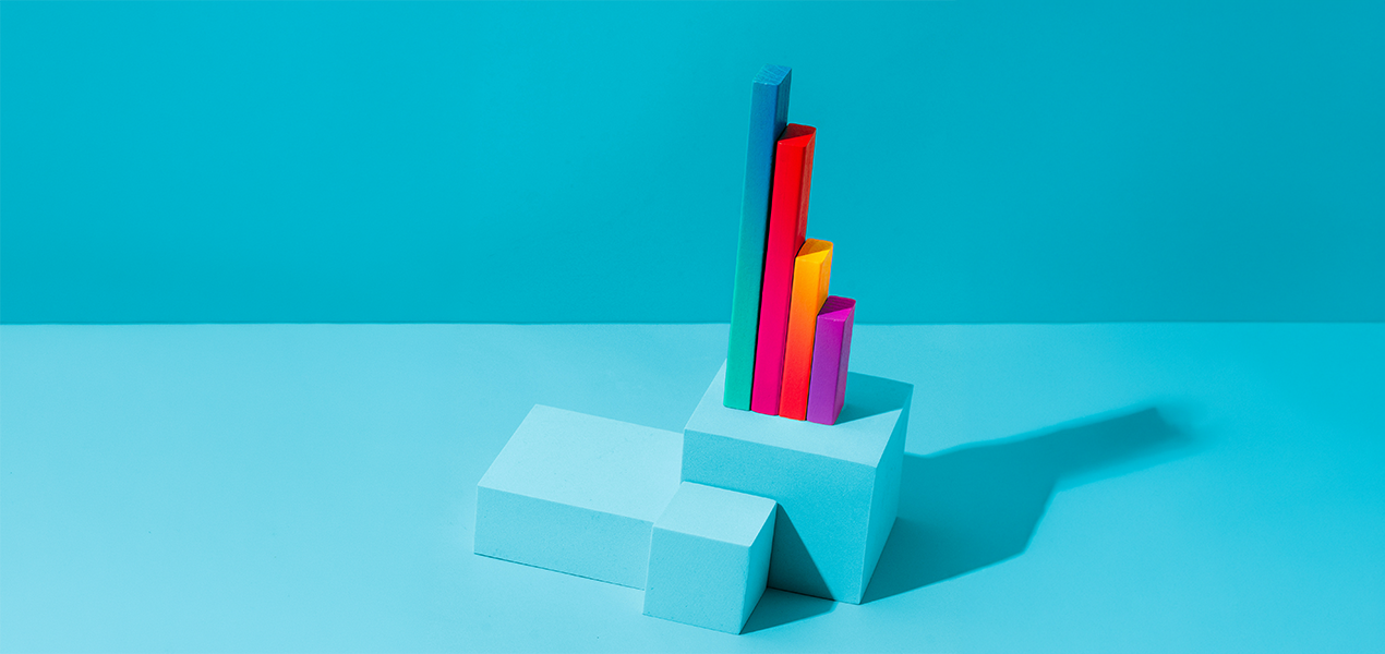 A 3D graphic of a bar chart. 