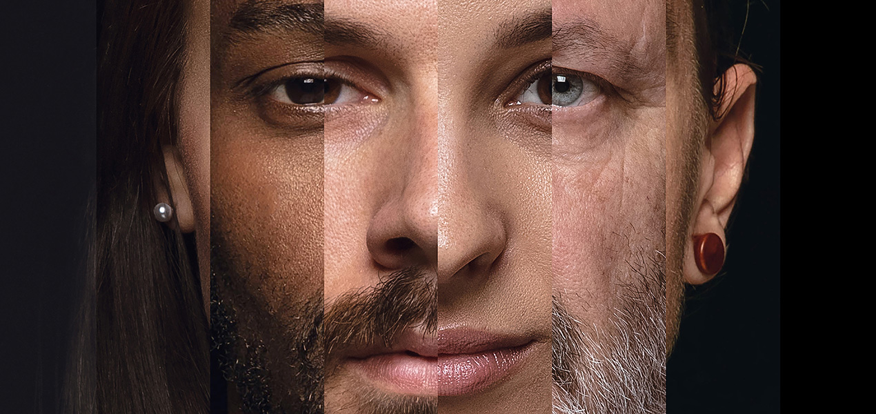 A collage of different faces spliced together to make one face.