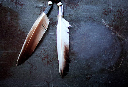Two eagles feathers on a black slate background
