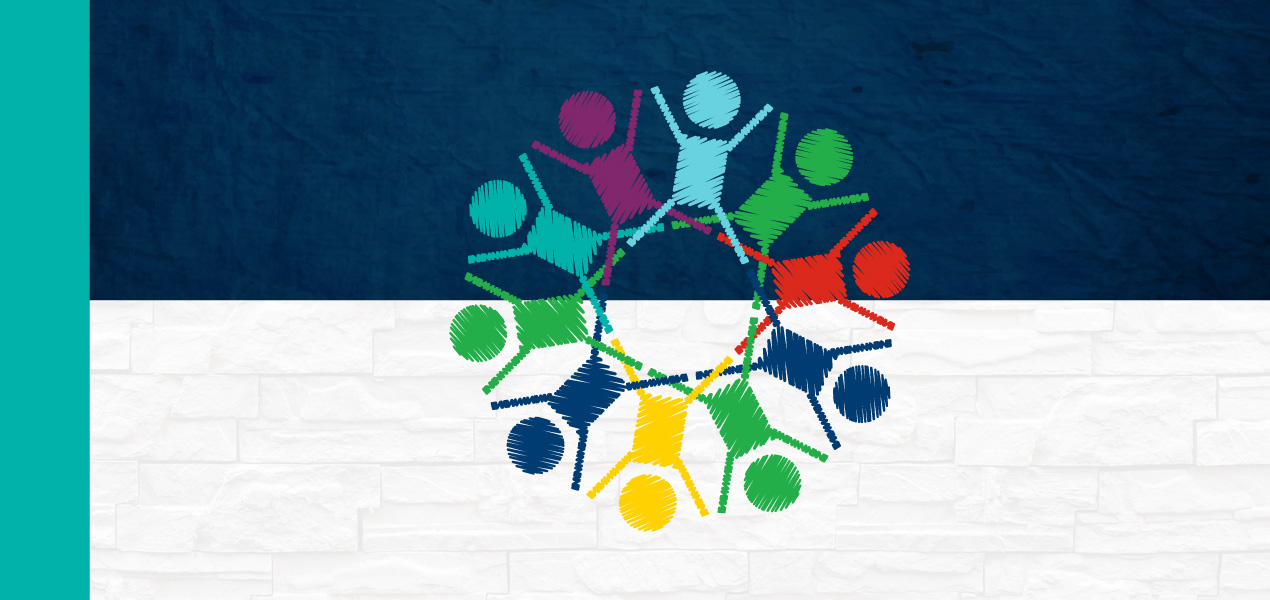 An illustration of 10 stick figures in a circle on top of a two-toned background.