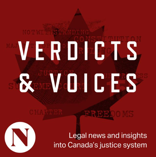 "Verdicts & Voices" on top of a stylized maple leaf.