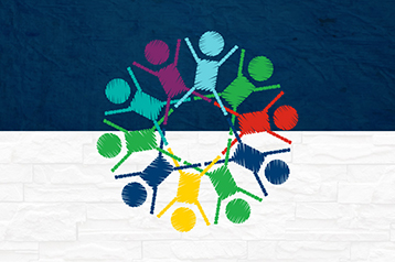 An illustration of 10 stick figures in a circle on top of a two-toned background.