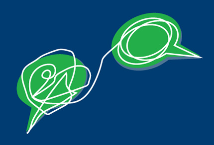 Two green speech bubbles with disorganized squiggles in one connecting to organized circles in the other.