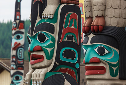 Close up view of totem pole with teal, blank, and red paint.