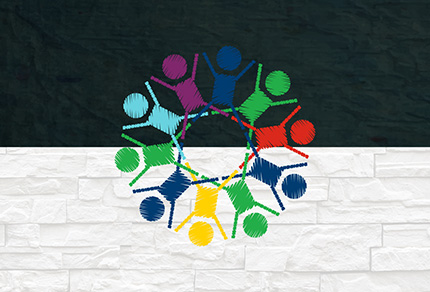 An illustration of 10 stick figures in a circle on top of a two-toned background.