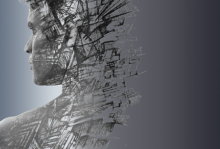 A complex pencil drawing of a person looking out in the distance.