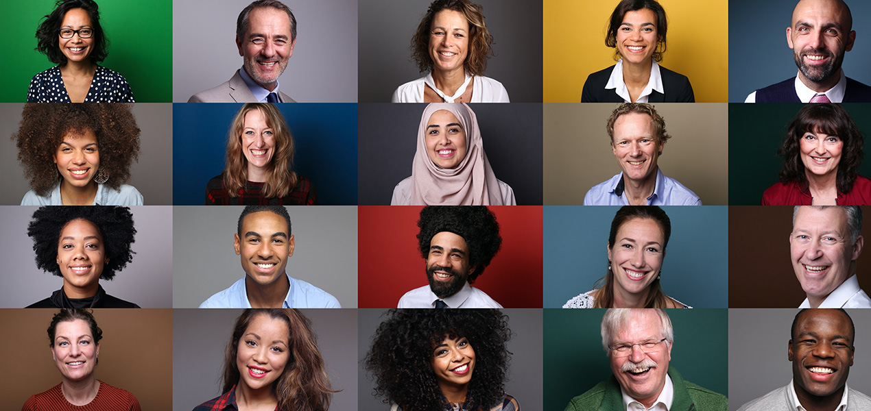 A collage of headshots of diverse people against dark and colourful backdrops.