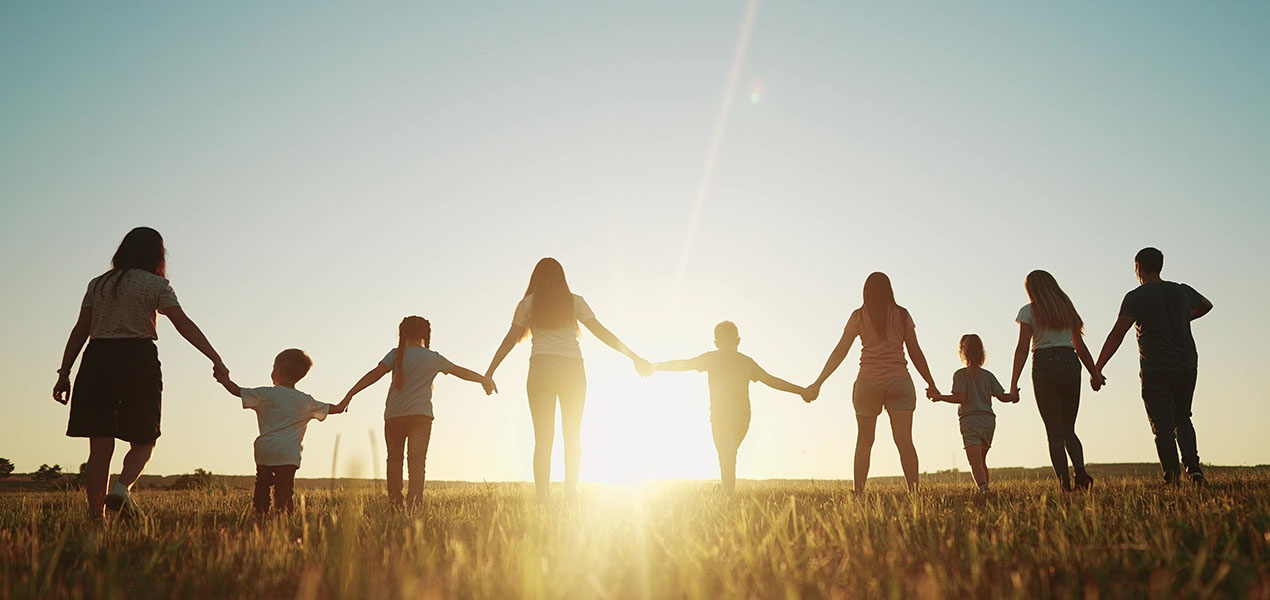 The silhouettes of a large family or group of adults and children holding hands in the park during sunset.