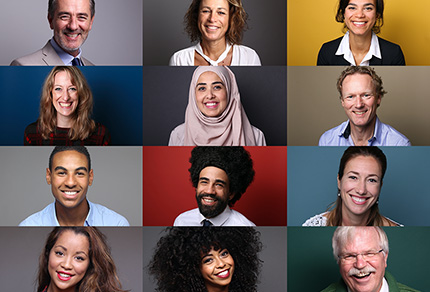 A collage of headshots of diverse people against dark and colourful backdrops.