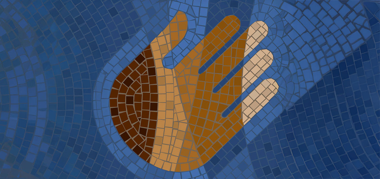 A mosaic multi-coloured hand. 