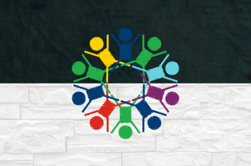 An illustration of 10 stick figures in a circle on top of a two-toned background.