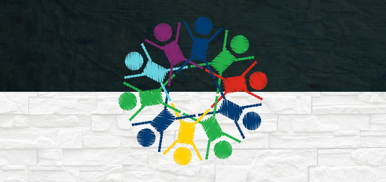An illustration of 10 stick figures in a circle on top of a two-toned background.