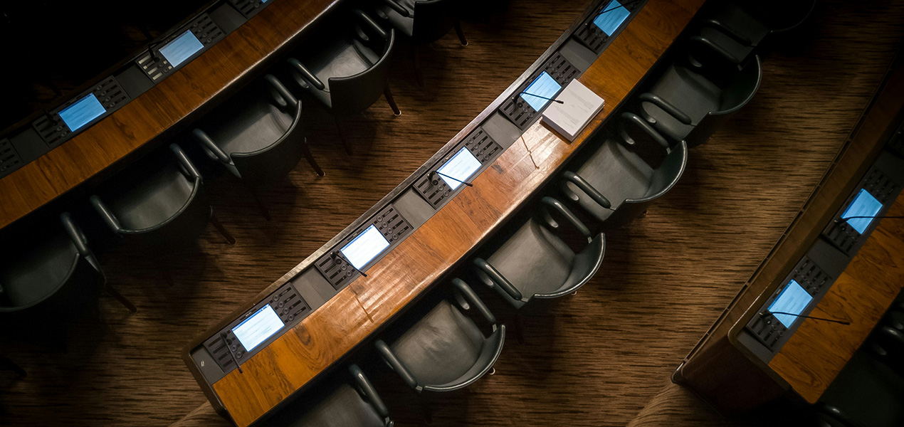 An aerial view of a conference seating area.