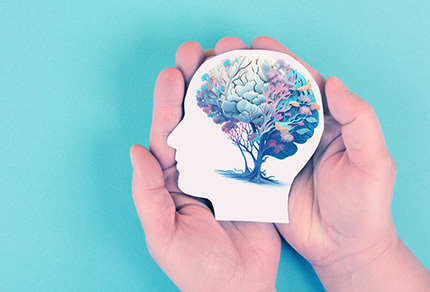 An illustration of a tree in the form of a human brain held by two hands.