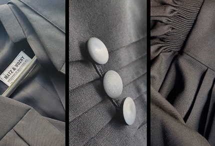 Close up photos of three separate court robes.